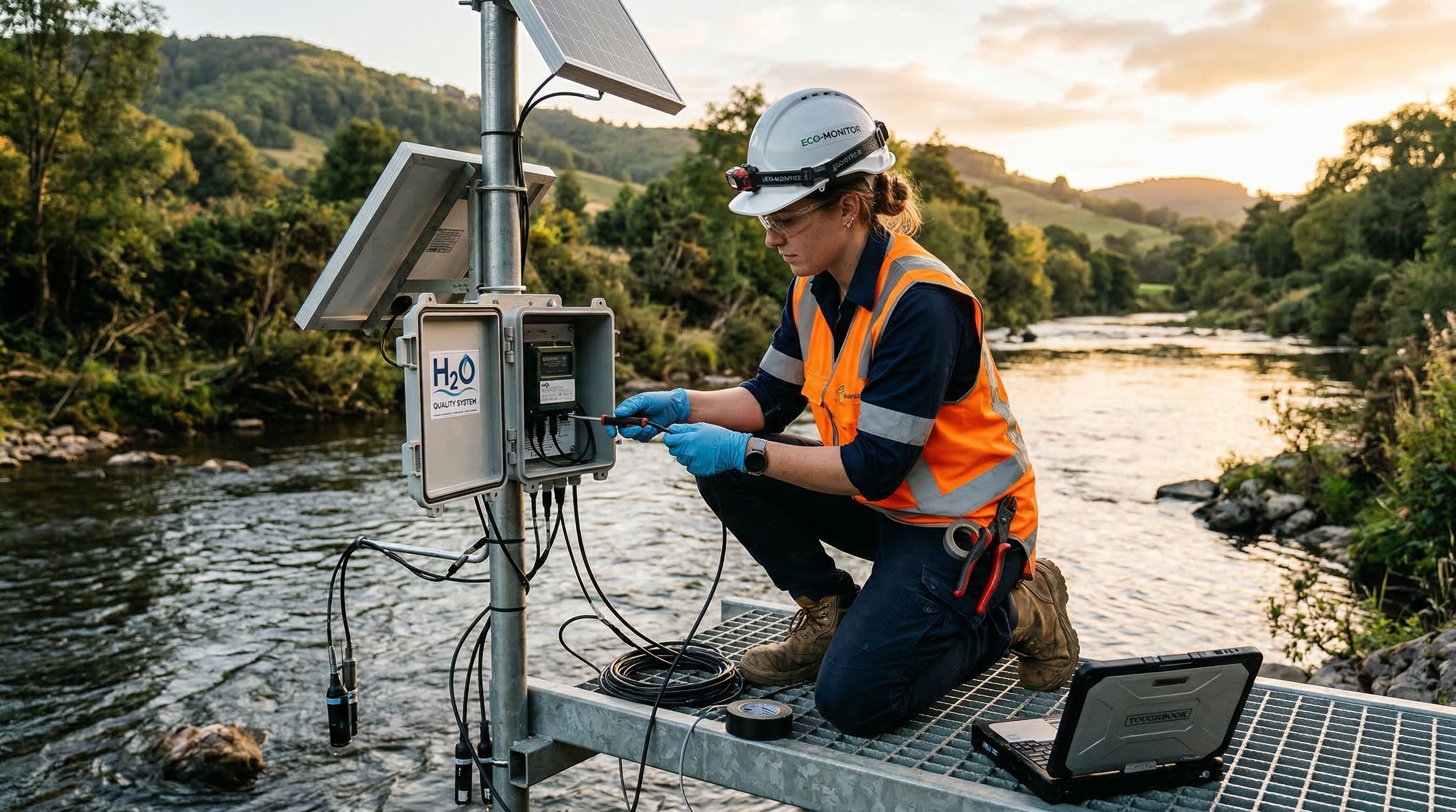 Engineer installing water monitoring equipment at river